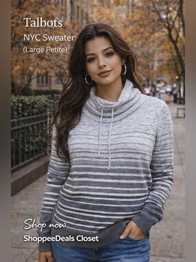 Talbots Gray Striped Cowl Neck Sweater Women’s Large Petite